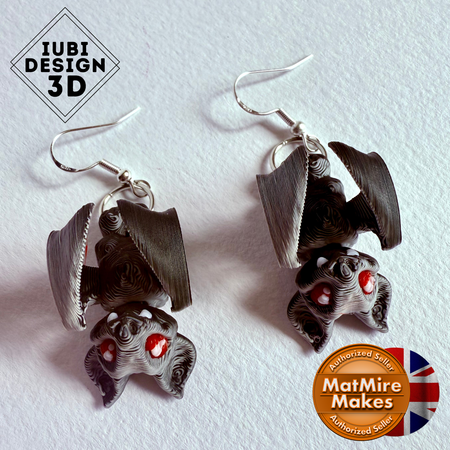 3D Printed Vampire Bat Earrings | Articulated with Silver Hooks