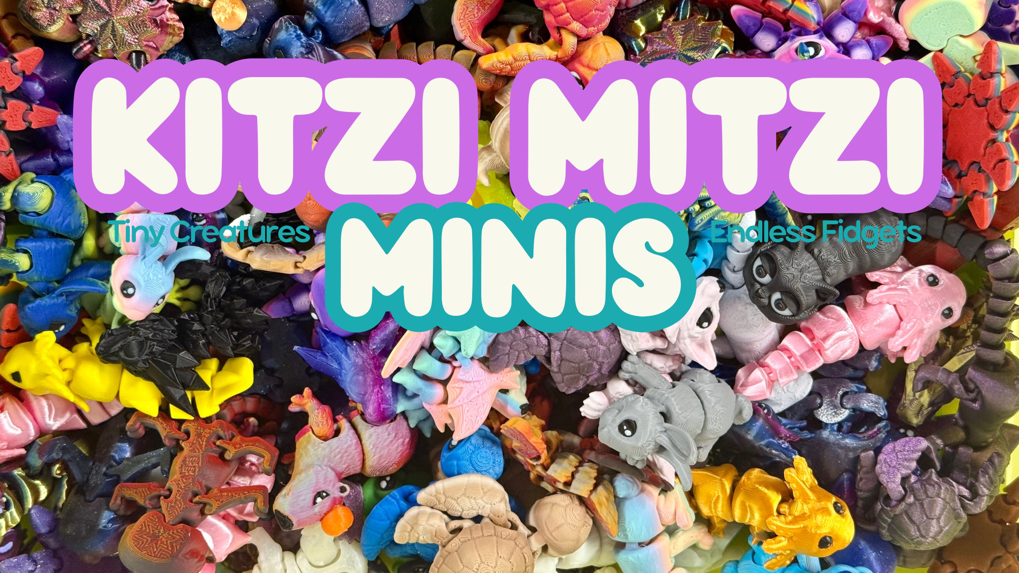 Colorful toy figurines with 'Kitzi Mitzi Minis' text overlay