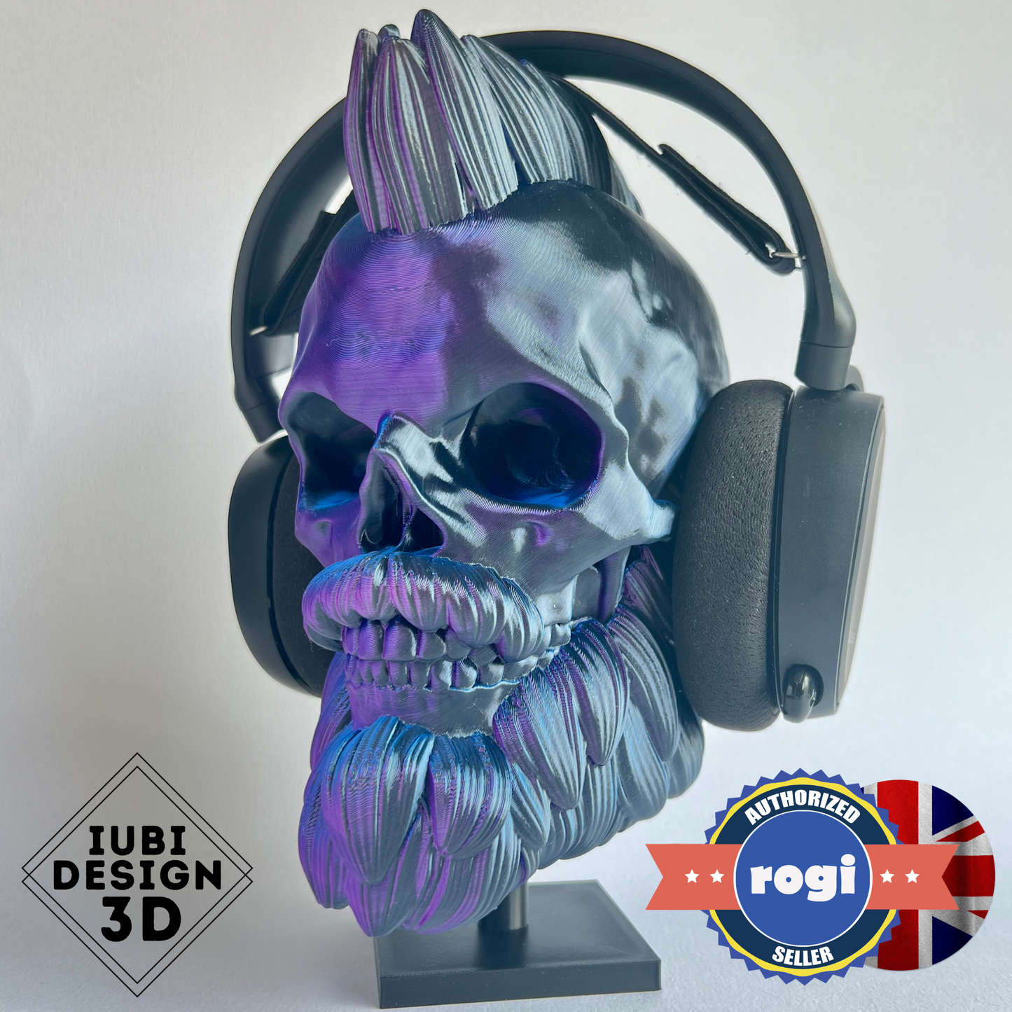 Bearded Skull Headphone Stand – Mohawk | 3D Printed Desk Decor