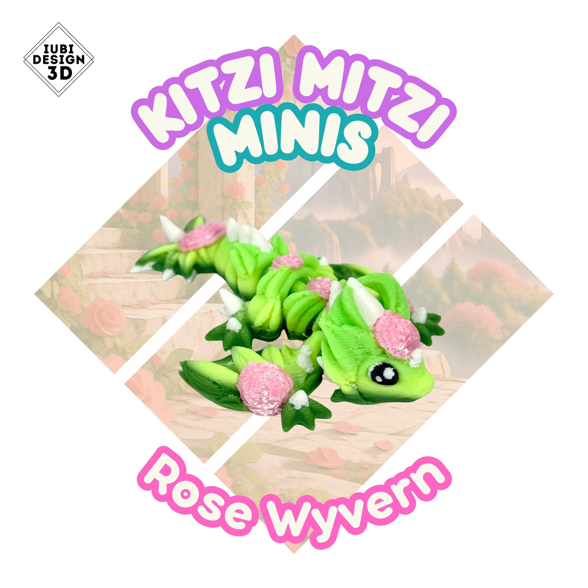 Kitzi Mitzi Mini Rose Wyvern, a pink fantasy wyvern posed before a soft scrapbook habitat inside the Kitzi Mitzi diamond.