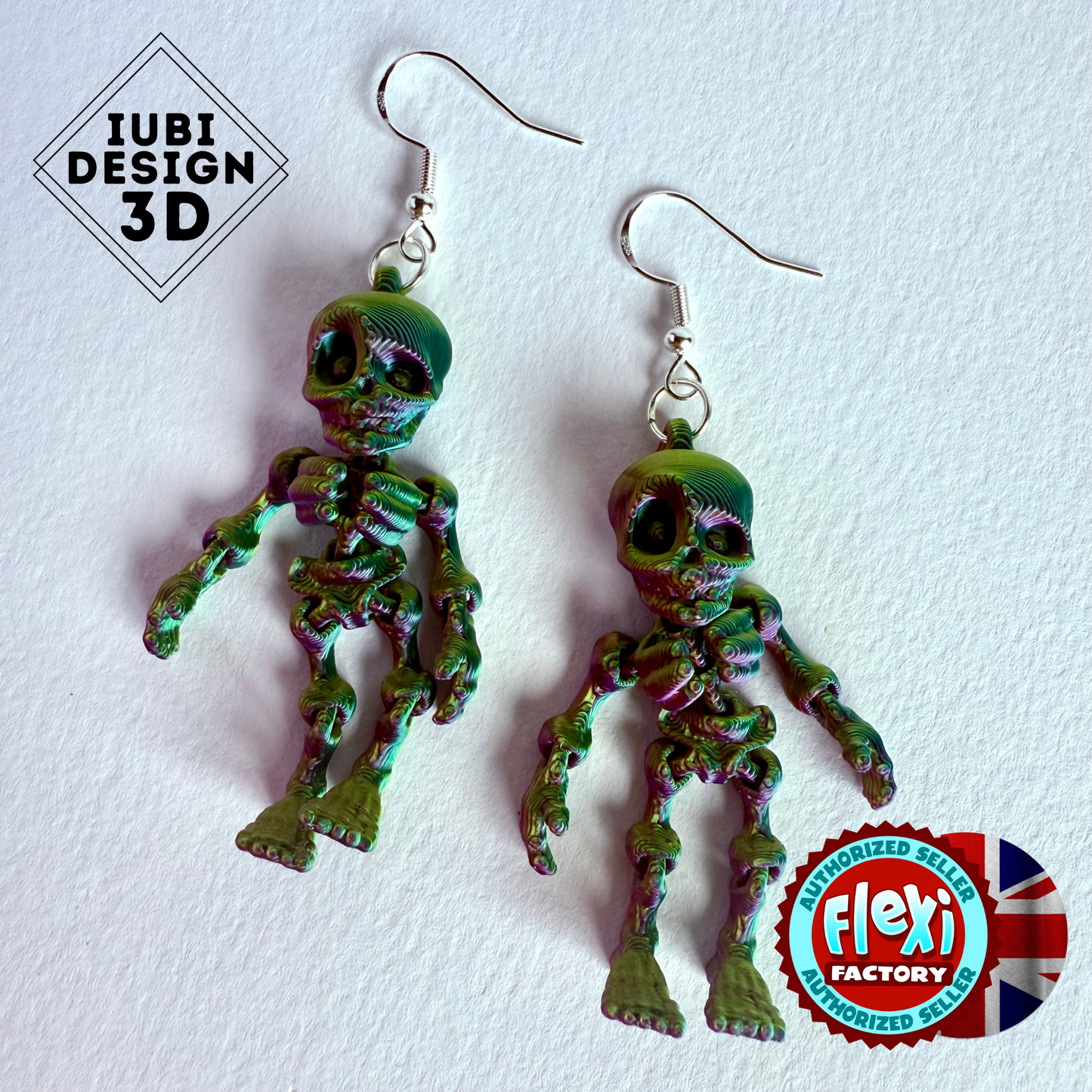 3D Printed Skeleton Earrings | Articulated with Silver Hooks