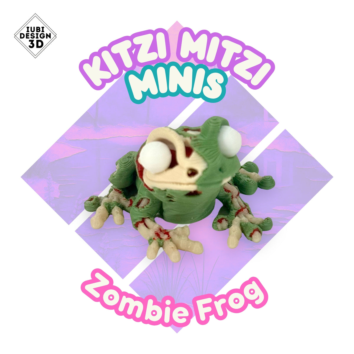 Kitzi Mitzi Mini Zombie Frog, a playful green articulated frog with its own scrapbook habitat inside the Kitzi Mitzi diamond.