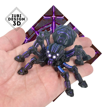 Cyber Spider 3D printed articulated figure displayed on a hand, with a black body and blue and purple detailing against a cyber-style background.