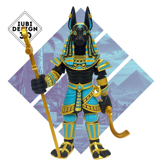 3D printed articulated Anubis figure with detailed Egyptian-inspired design.