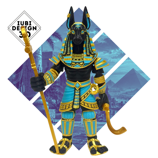 Detailed multicolour 3D printed Anubis Egyptian Warrior figure with khopesh sword and ankh – Iubi Design 3D