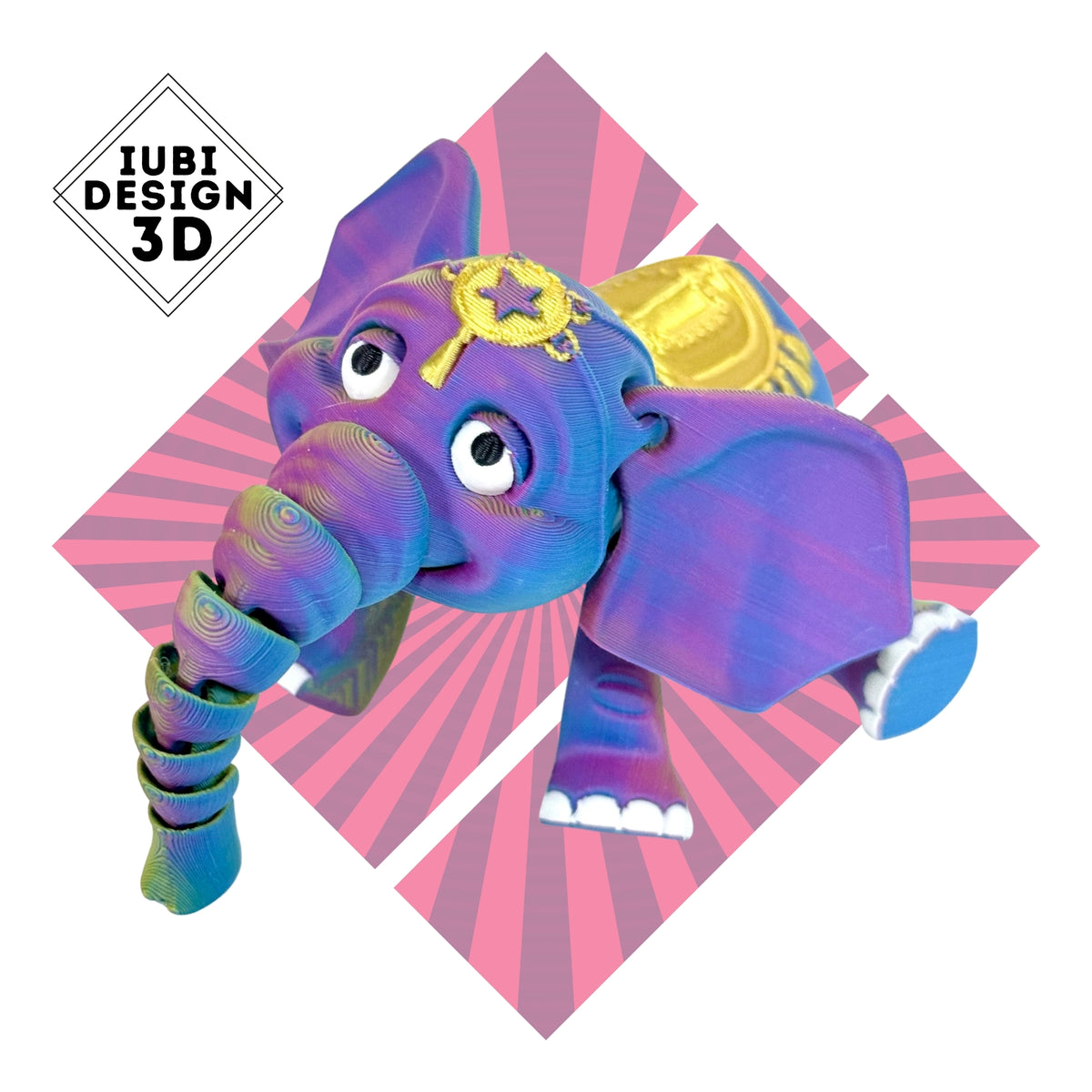 3D printed articulated Circus Elephant figure with detailed circus-inspired design.
