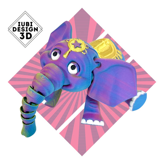 3D printed articulated Circus Elephant figure with detailed circus-inspired design.