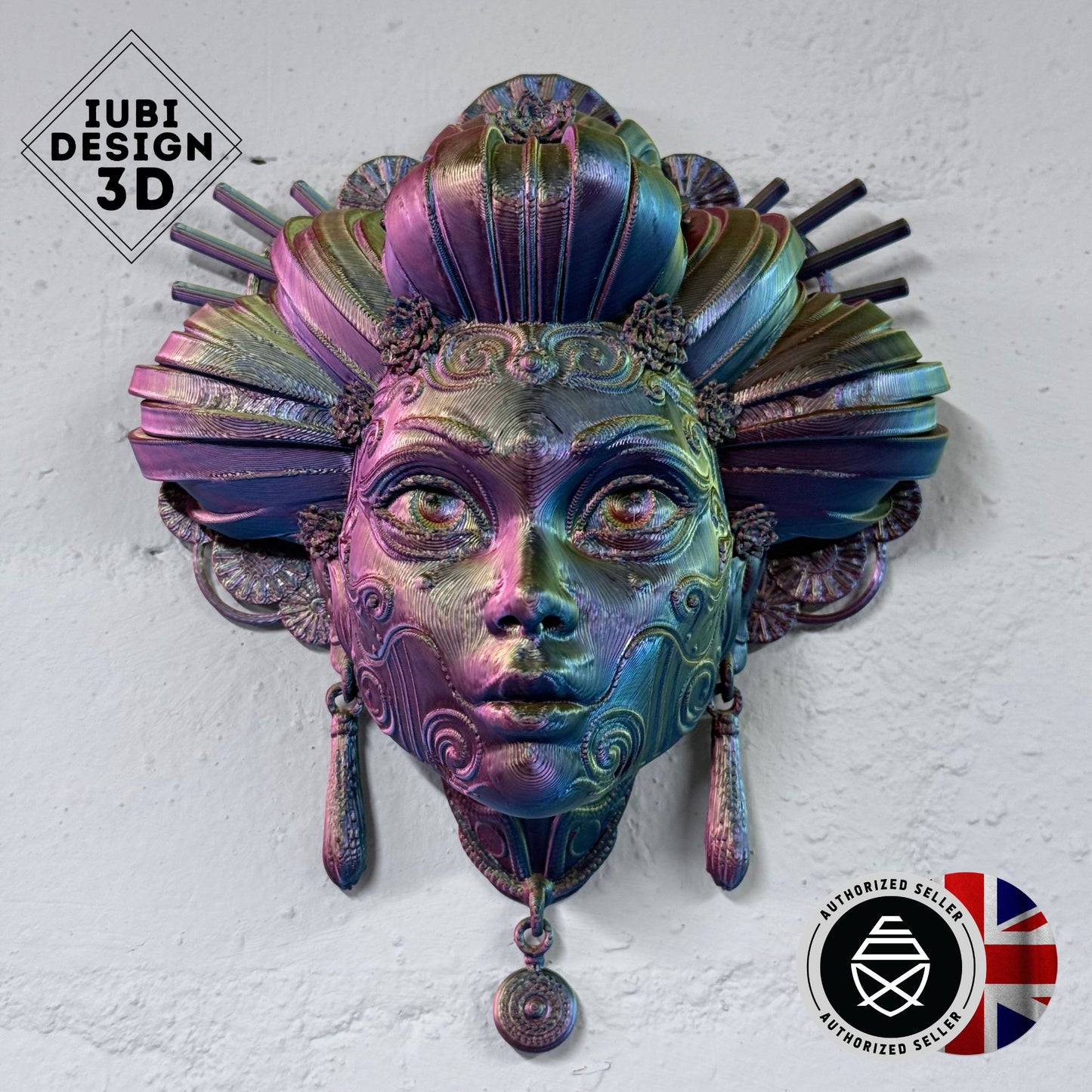 Geisha Mask Wall Art – Small 3D Printed Japanese Geisha Decor (Iridescent Red/Yellow/Blue) | One-Off Sale