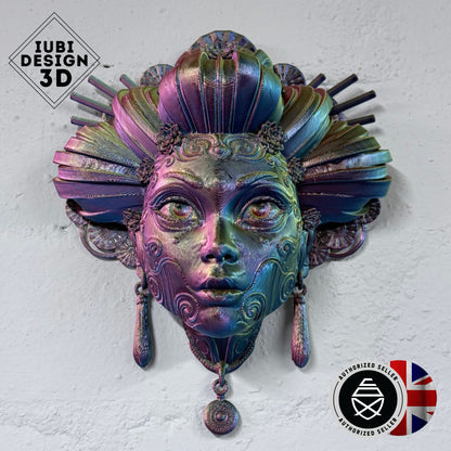 Geisha Mask Wall Art – Small 3D Printed Japanese Geisha Decor (Iridescent Red/Yellow/Blue) | One-Off Sale