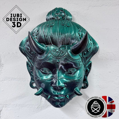 Hannya Mask Wall Art – Japanese Demon Mask (Black & Green) | Large 3D Printed Gothic Wall Decor | One-Off Piece