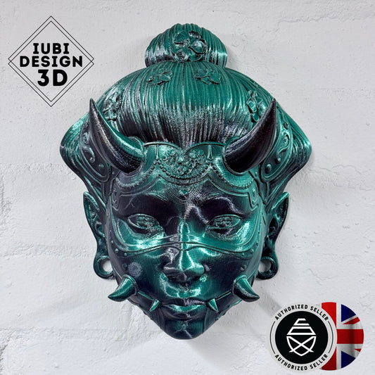 Hannya Mask Wall Art – Japanese Demon Mask (Black & Green) | Large 3D Printed Gothic Wall Decor | One-Off Piece
