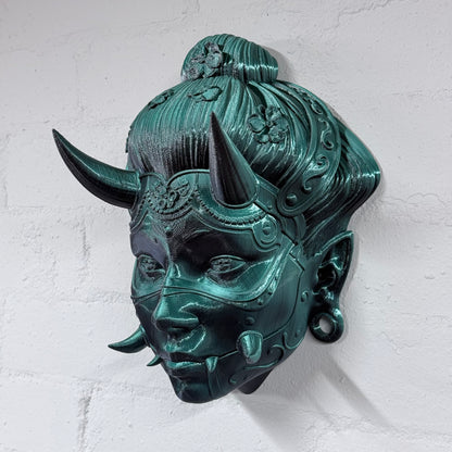 Hannya Mask Wall Art – Japanese Demon Mask (Black & Green) | Large 3D Printed Gothic Wall Decor | One-Off Piece