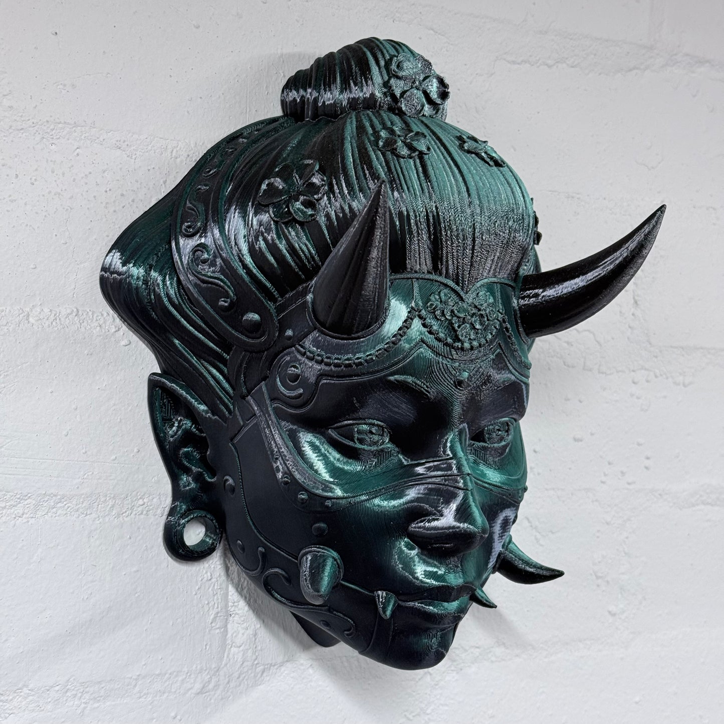 Hannya Mask Wall Art – Japanese Demon Mask (Black & Green) | Large 3D Printed Gothic Wall Decor | One-Off Piece