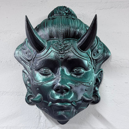 Hannya Mask Wall Art – Japanese Demon Mask (Black & Green) | Large 3D Printed Gothic Wall Decor | One-Off Piece