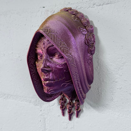 Santa Catrina Mask Wall Art – Small 3D Printed Day of the Dead Decor (Iridescent Red/Purple/Gold) | One-Off Sale