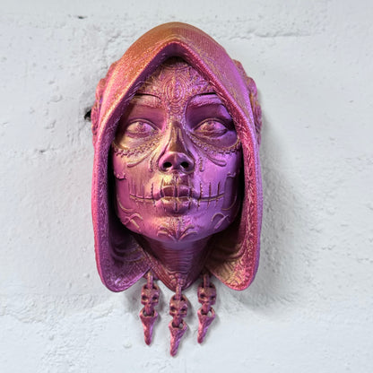 Santa Catrina Mask Wall Art – Small 3D Printed Day of the Dead Decor (Iridescent Red/Purple/Gold) | One-Off Sale