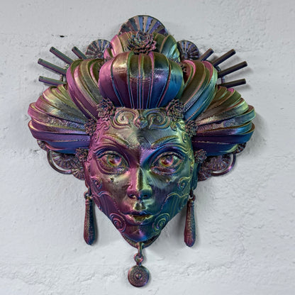 Geisha Mask Wall Art – Small 3D Printed Japanese Geisha Decor (Iridescent Red/Yellow/Blue) | One-Off Sale
