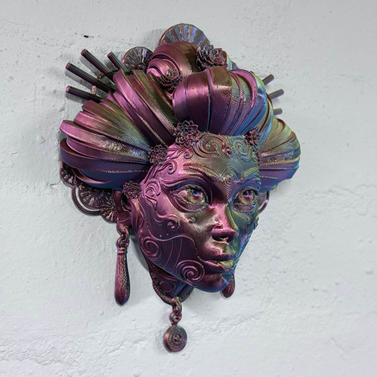 Geisha Mask Wall Art – Small 3D Printed Japanese Geisha Decor (Iridescent Red/Yellow/Blue) | One-Off Sale