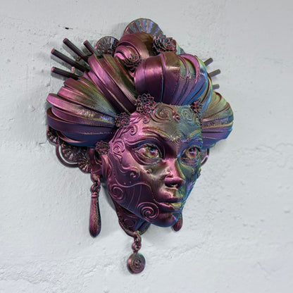 Geisha Mask Wall Art – Small 3D Printed Japanese Geisha Decor (Iridescent Red/Yellow/Blue) | One-Off Sale