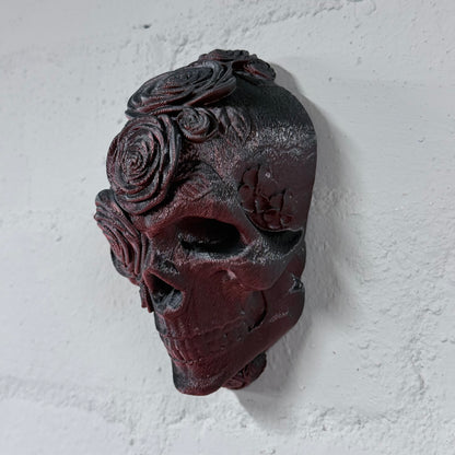 Skull Roses Wall Art – Small 3D Printed Gothic Skull Decor (Black & Red) | One-Off Sale