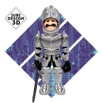 Detailed multicolour 3D printed Knight in Armour figure with raised visor and sword – Iubi Design 3D