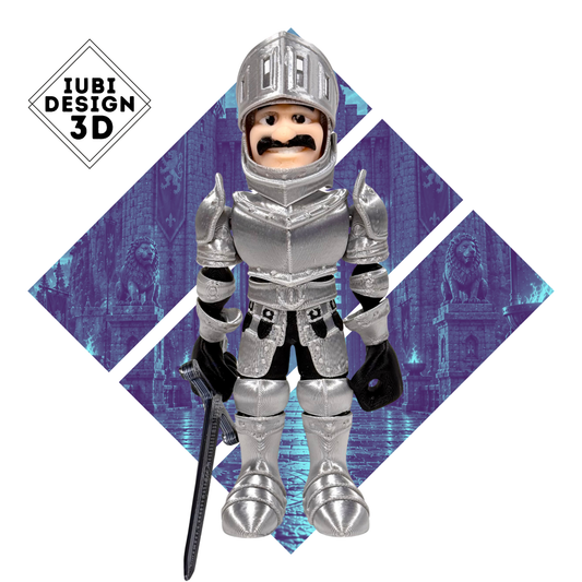 Detailed multicolour 3D printed Knight in Armour figure with raised visor and sword – Iubi Design 3D