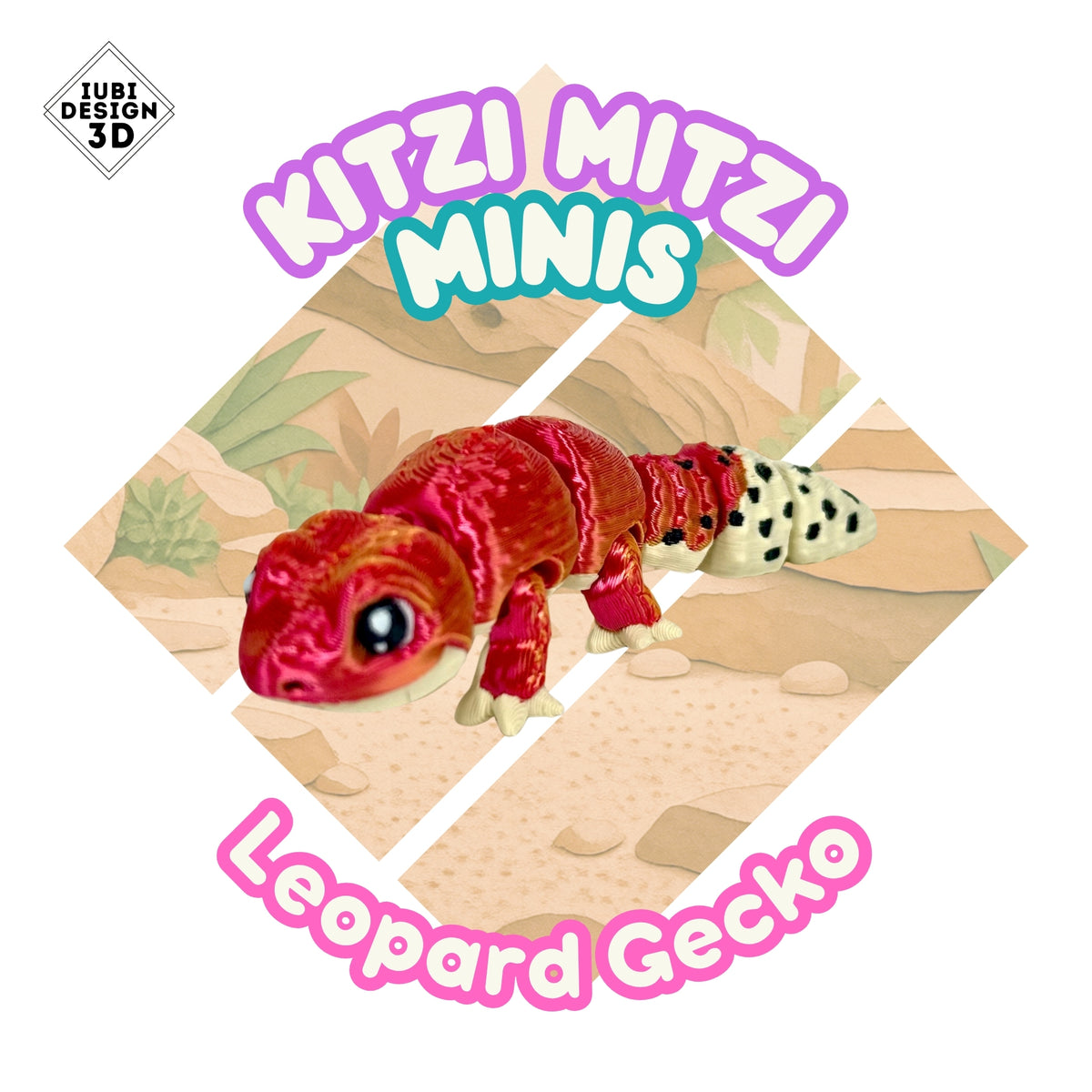 Kitzi Mitzi Mini Leopard Gecko with a scrapbook-style habitat inside the Kitzi Mitzi diamond.