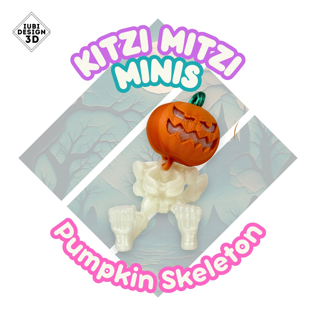 Kitzi Mitzi Mini Pumpkin Skeleton, a glow-in-the-dark body and face character shown with a scrapbook habitat inside the Kitzi Mitzi diamond.