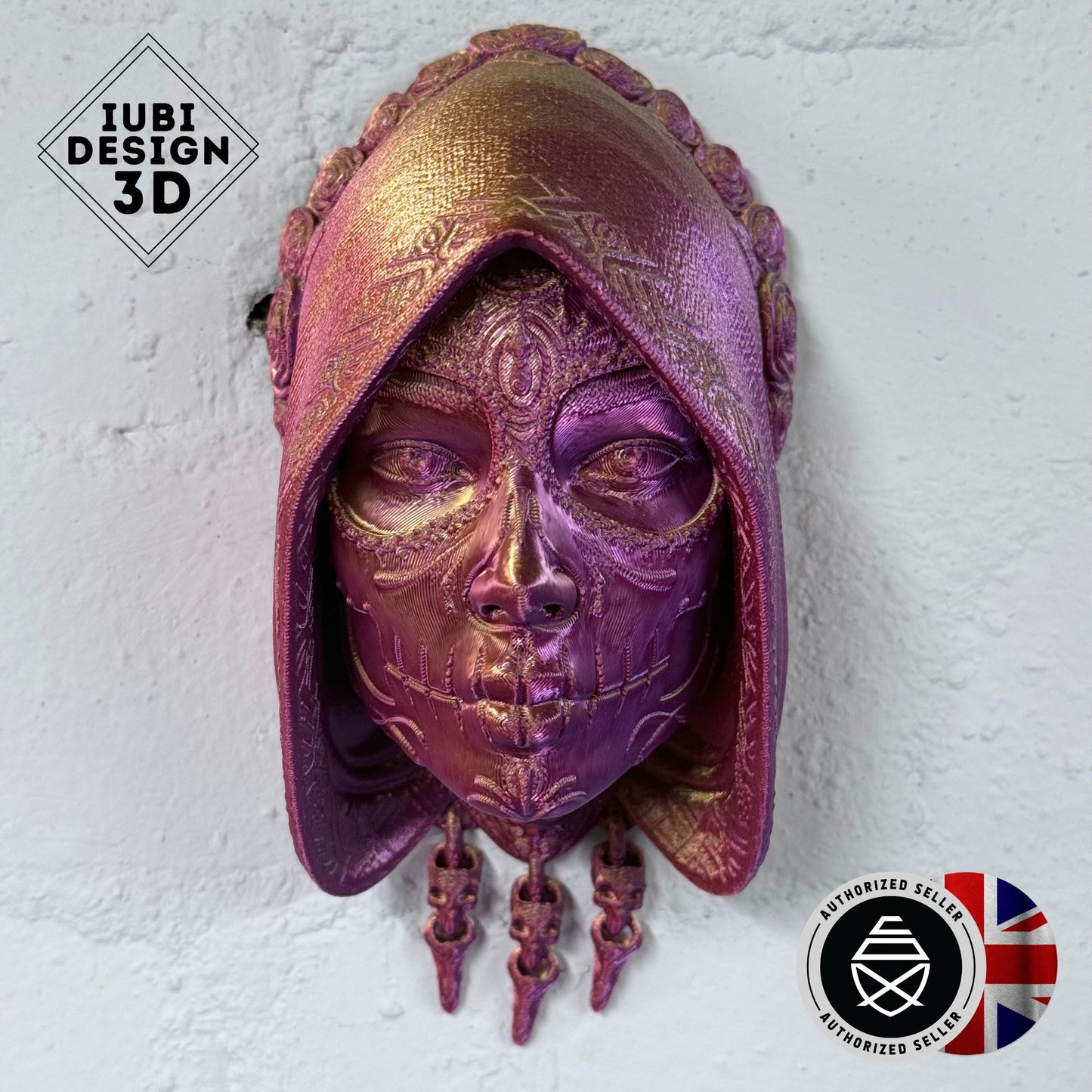 Santa Catrina Mask Wall Art – Small 3D Printed Day of the Dead Decor (Iridescent Red/Purple/Gold) | One-Off Sale