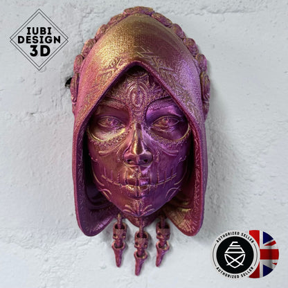 Santa Catrina Mask Wall Art – Small 3D Printed Day of the Dead Decor (Iridescent Red/Purple/Gold) | One-Off Sale