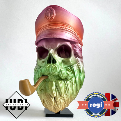 Sea Captain Bearded Skull with Pipe | 3D Printed Home Decor - Small