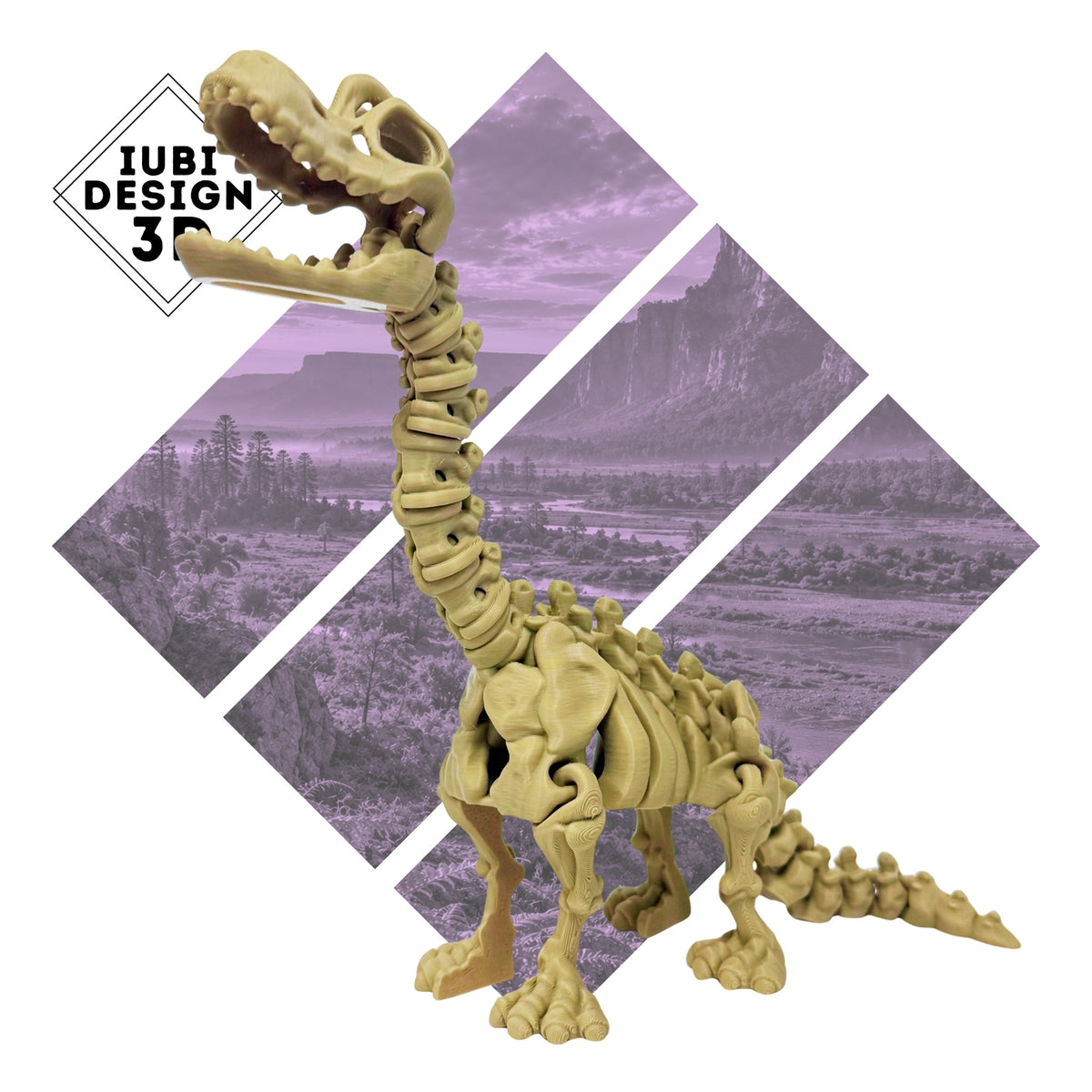 3D printed articulated Brachiosaurus skeleton dinosaur figure with detailed skeletal design.