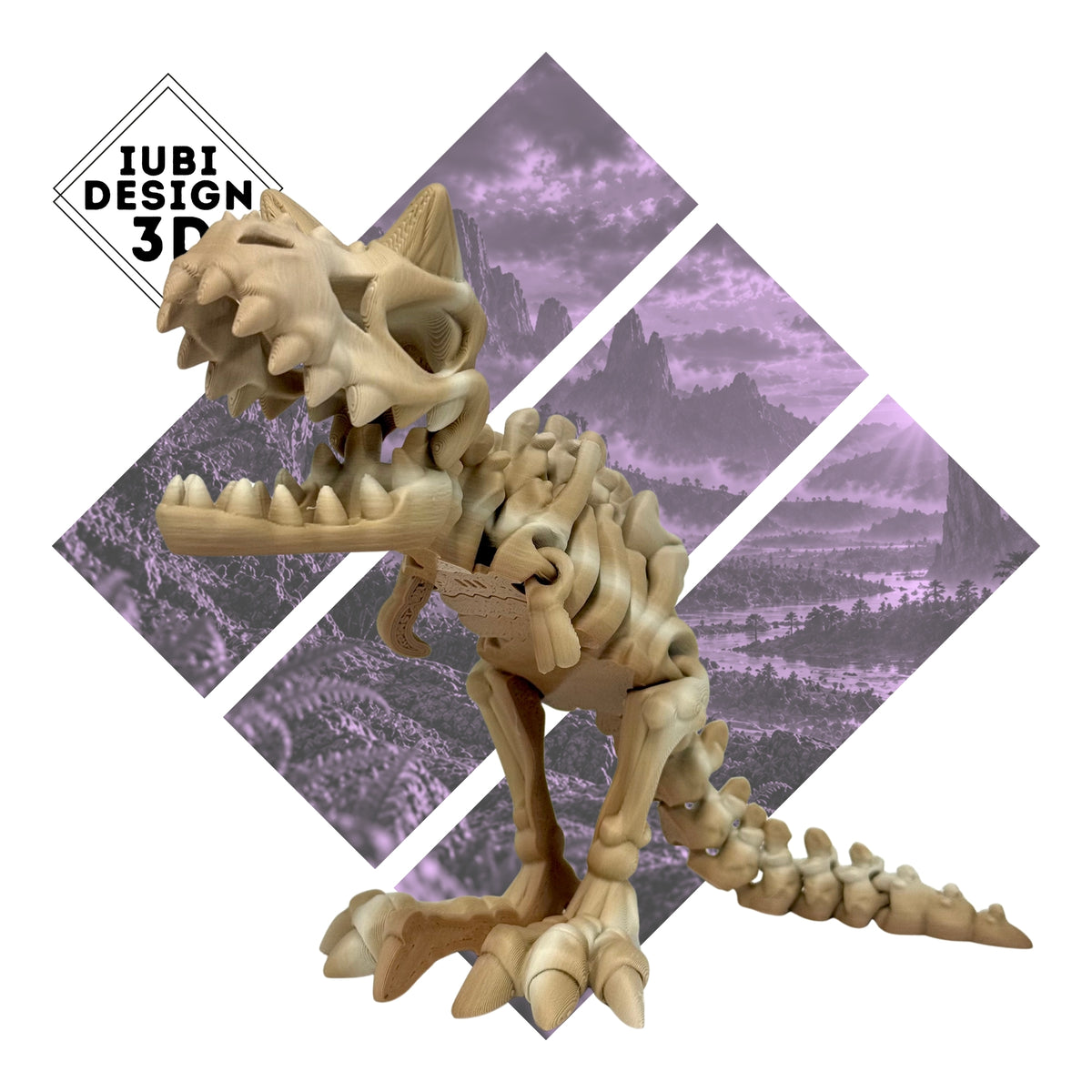3D printed articulated Carnotaurus skeleton dinosaur with distinctive horns and detailed skeletal design.