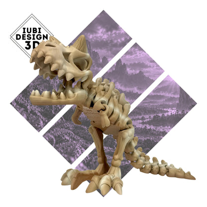 3D printed articulated Carnotaurus skeleton dinosaur with distinctive horns and detailed skeletal design.