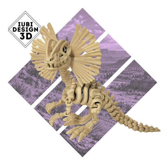 3D printed articulated Dilophosaurus skeleton figure with detailed skeletal design.
