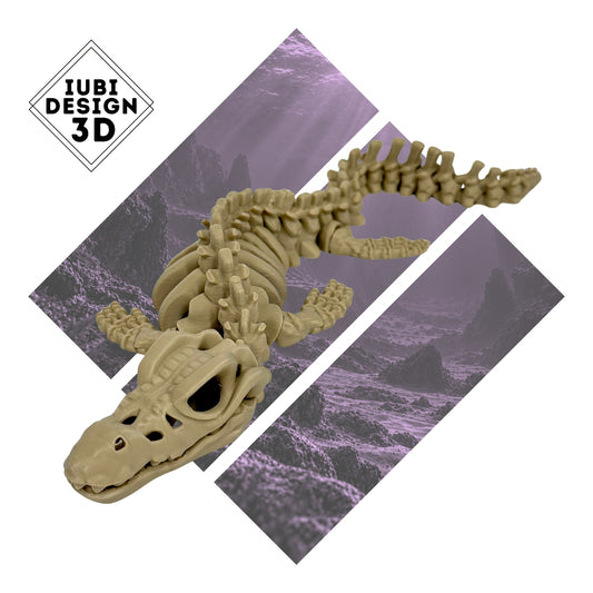 3D printed articulated Mosasaurus skeleton figure with detailed skeletal design.