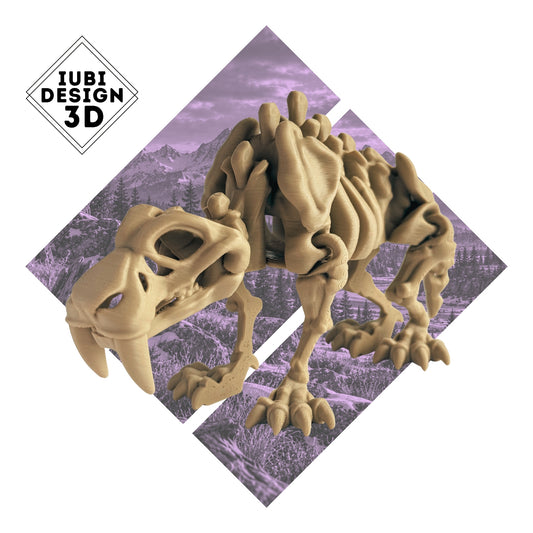 3D printed articulated Saber-Tooth Tiger skeleton figure with detailed skeletal design.