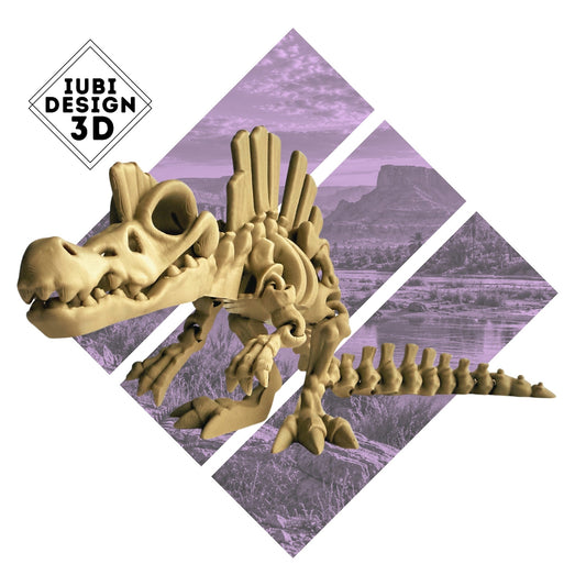 3D printed articulated Spinosaurus skeleton dinosaur figure with detailed skeletal design.