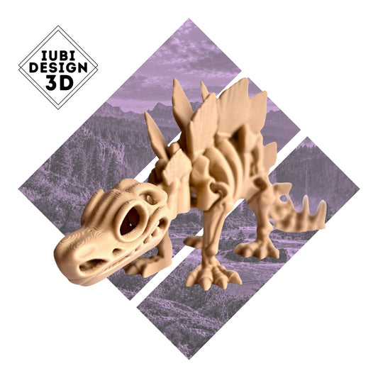 3D printed articulated Stegosaurus skeleton dinosaur figure with detailed skeletal design.