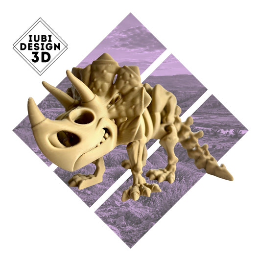 3D printed articulated Triceratops skeleton dinosaur figure with detailed skeletal design.