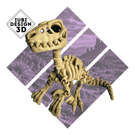 3D printed articulated Velociraptor skeleton dinosaur figure with detailed skeletal design.