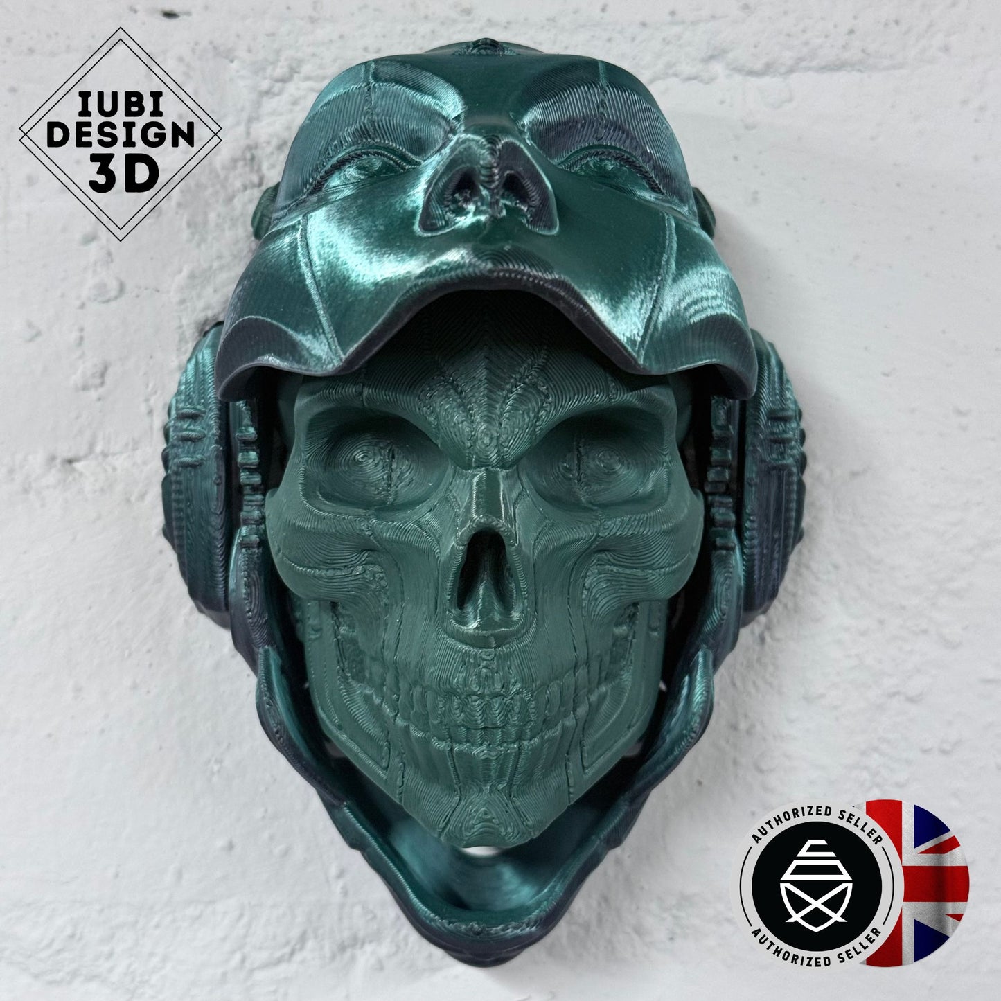 Skull Droid Mask Wall Art – Small 3D Printed Black/Green Opening Mask with Green Skull | One-Off Sale