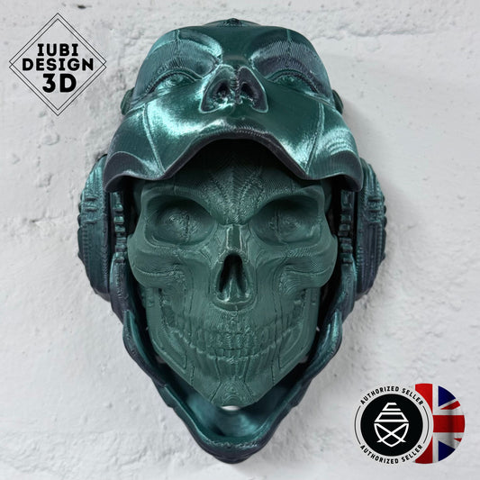 Skull Droid Mask Wall Art – Small 3D Printed Black/Green Opening Mask with Green Skull | One-Off Sale