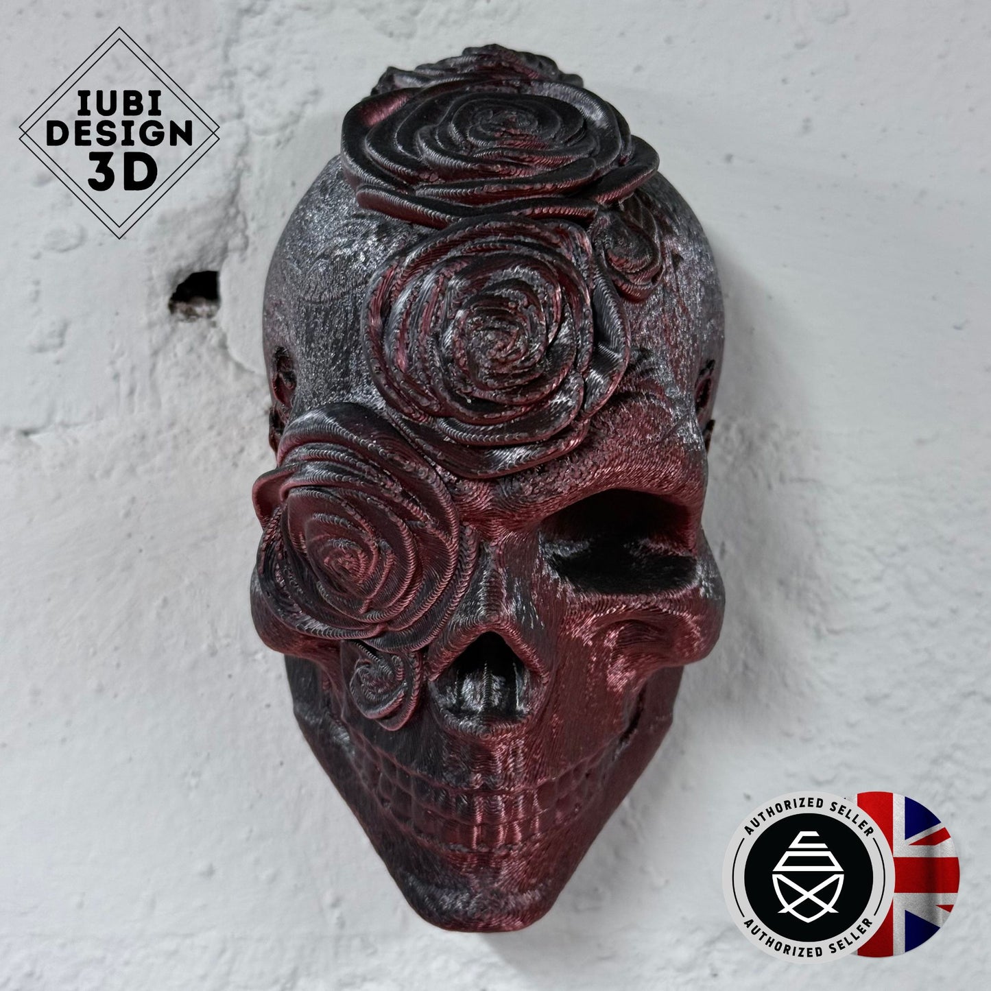 Skull Roses Wall Art – Small 3D Printed Gothic Skull Decor (Black & Red) | One-Off Sale