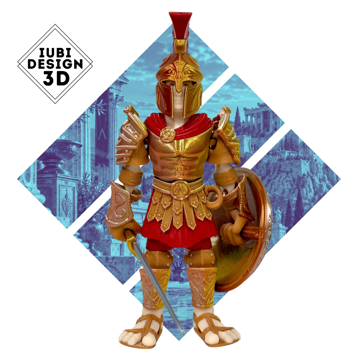 Spartan Champion 3D printed articulated figure with bright detailed finish – Iubi Design 3D