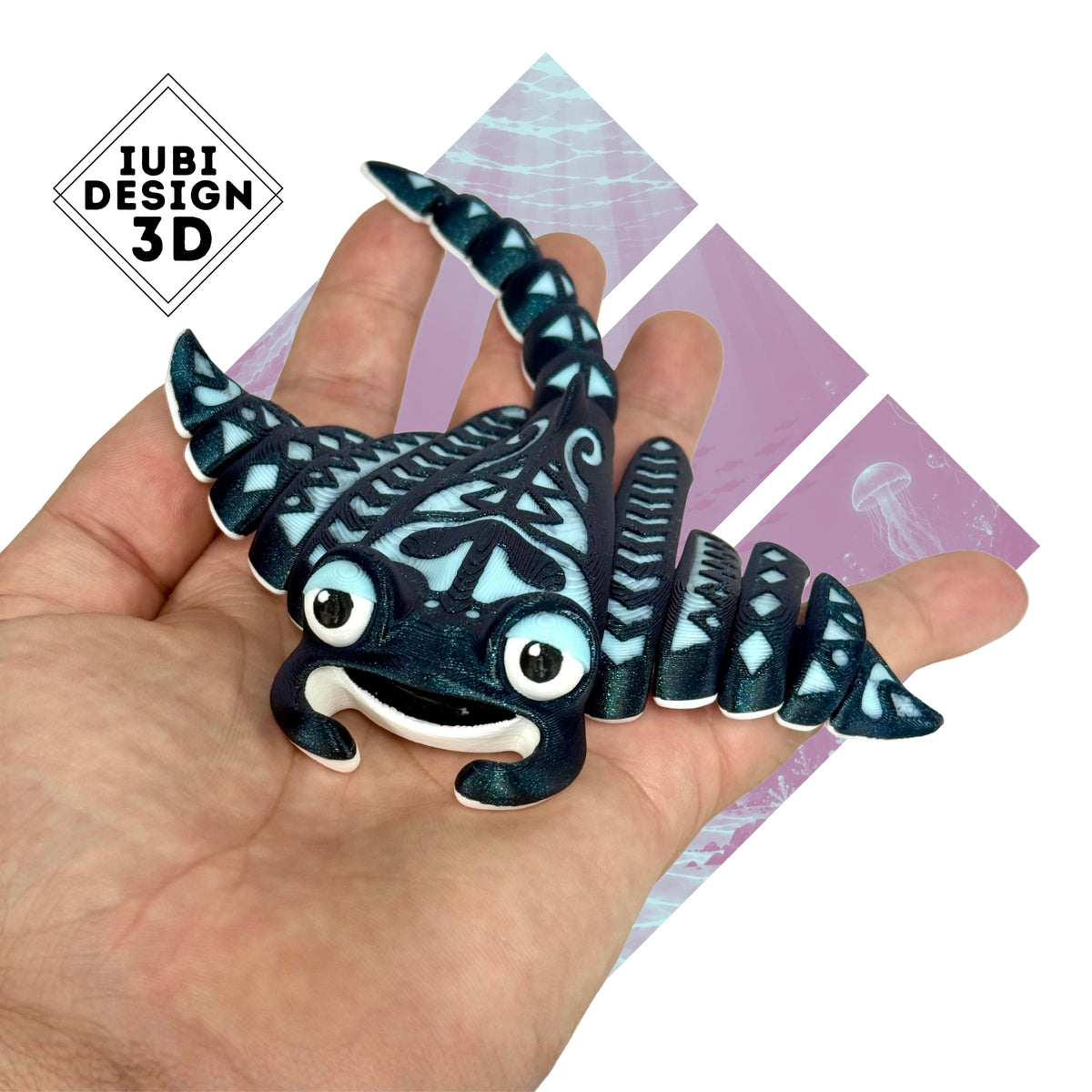 Articulated Tribal Manta Ray 3D printed sea creature with black and pale blue decorative patterns.