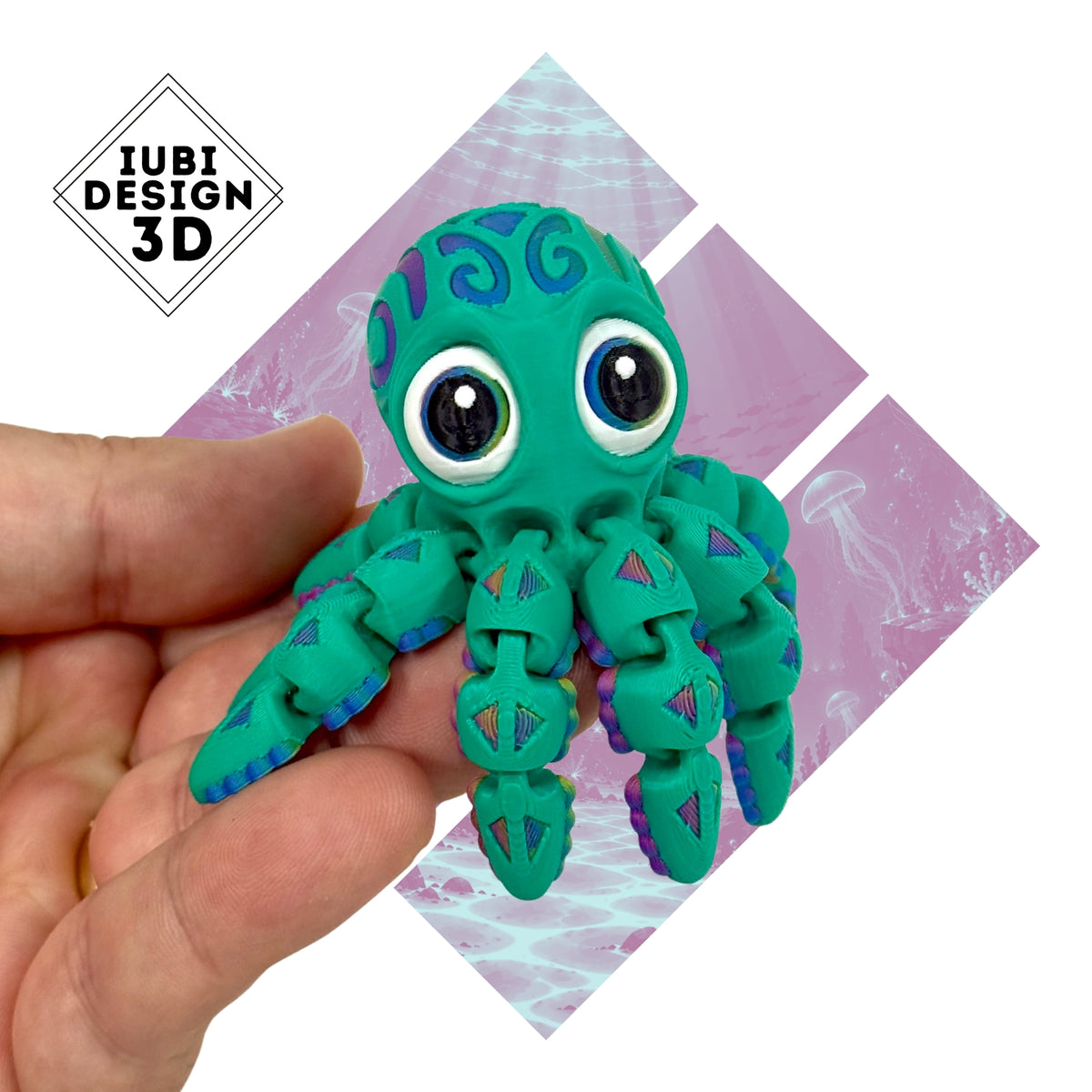 Turquoise and purple articulated Tribal Octopus 3D printed sea creature with eight flexible tentacles.