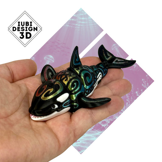Articulated Tribal Orca 3D printed killer whale with intricate colourful decorative patterns.