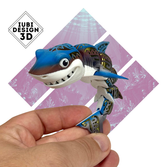 Blue articulated Tribal Shark 3D printed sea creature with intricate decorative patterns.